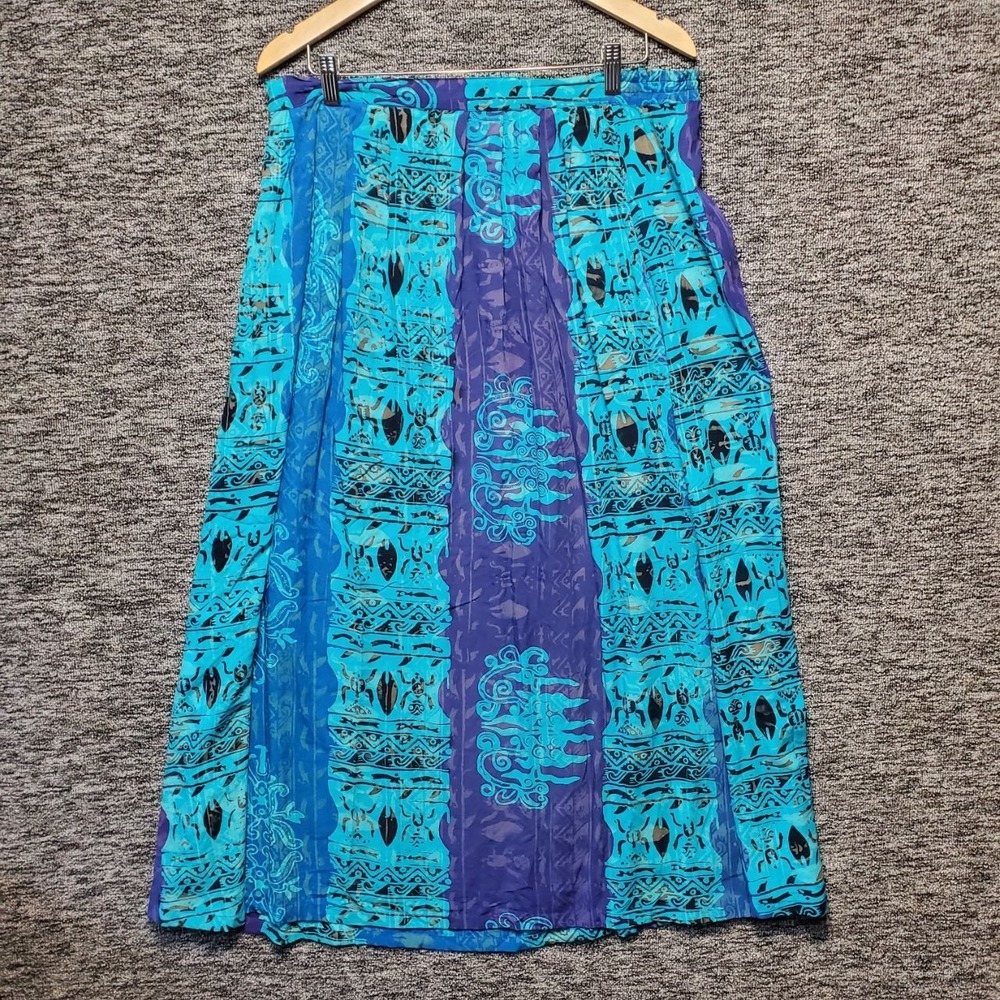 Vintage Hilo Hattie Maxi‎ Wrap Skirt Womens Medium Blue Patchwork Batik Elephant